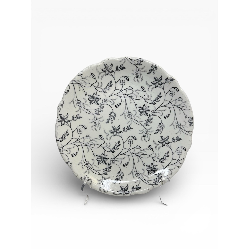 Wellsville China Black White Chintz Dinner Plate Scalloped Floral Restaurantware